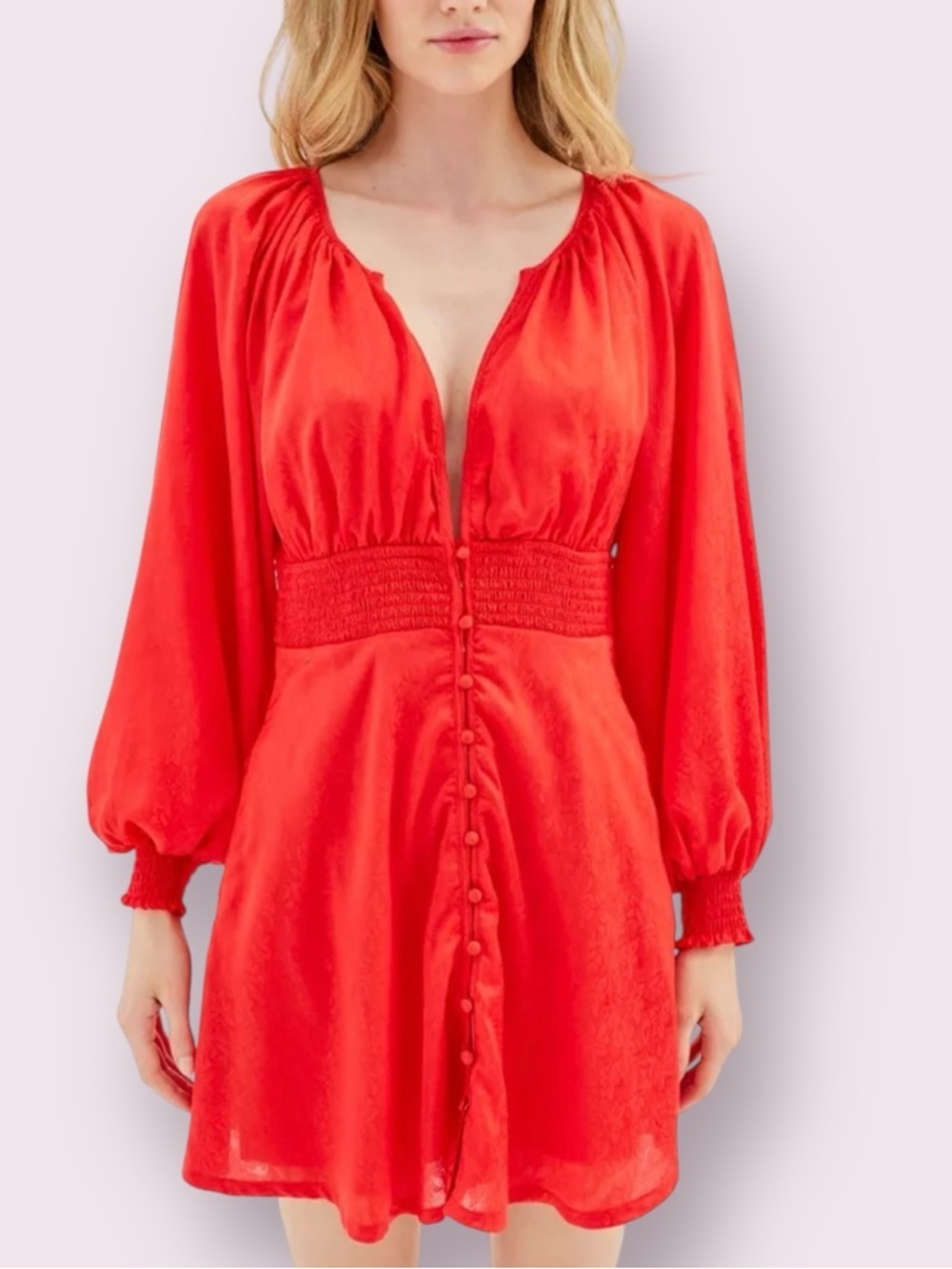 Urban Outfitters Mini Dress Red Smocked Jacquard Button Front Long Sleeve XS